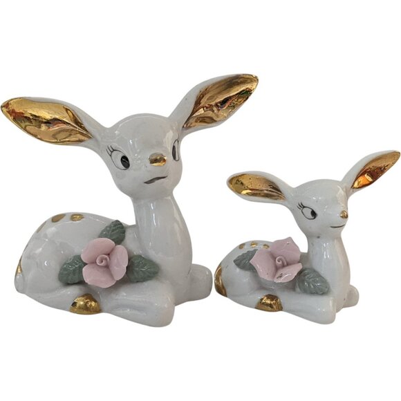 Thames Deer Figurines Set of 2 White Gold Tone Pink Mid Century Vtg Japan - Picture 13 of 16